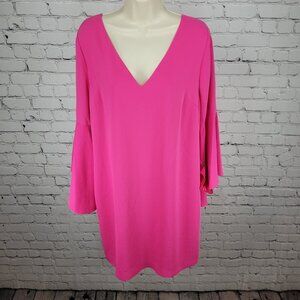 NWT Trina Turk Hot Pink Long Bell Sleeve Tie Back Lined Shift Dress Size Large L